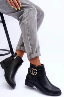Hot Boto Skórzane Botki Z Ozdobą Czarne Galos