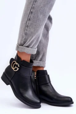 Hot Boto Skórzane Botki Z Ozdobą Czarne Galos