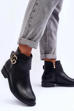 Hot Boto Skórzane Botki Z Ozdobą Czarne Galos