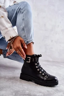 New Boto Skórzane Botki Z Ozdobnym Paskiem Czarne Sabine
