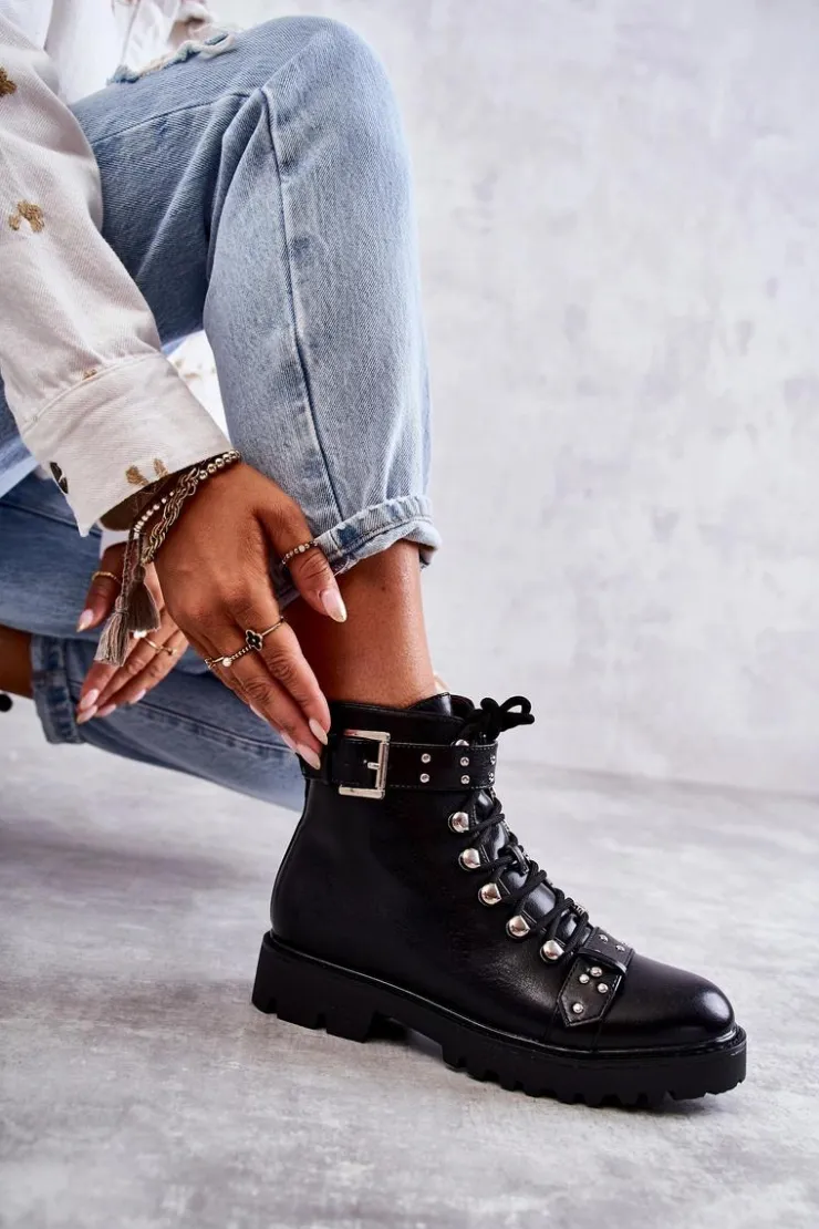 New Boto Skórzane Botki Z Ozdobnym Paskiem Czarne Sabine