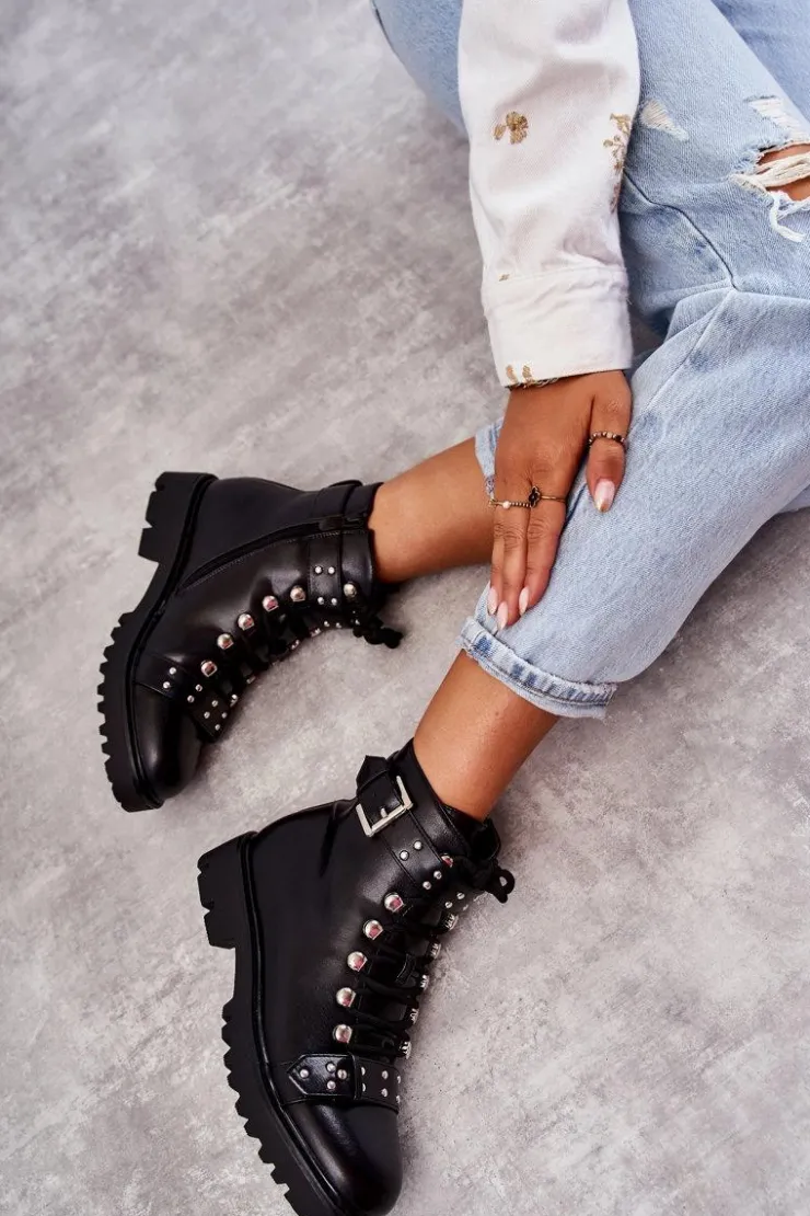 New Boto Skórzane Botki Z Ozdobnym Paskiem Czarne Sabine