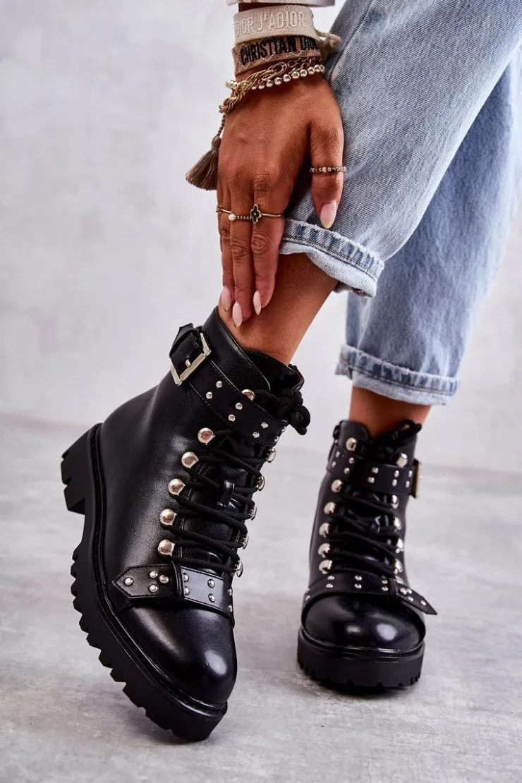 New Boto Skórzane Botki Z Ozdobnym Paskiem Czarne Sabine