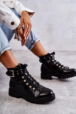 New Boto Skórzane Botki Z Ozdobnym Paskiem Czarne Sabine