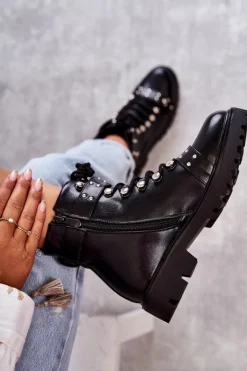 New Boto Skórzane Botki Z Ozdobnym Paskiem Czarne Sabine