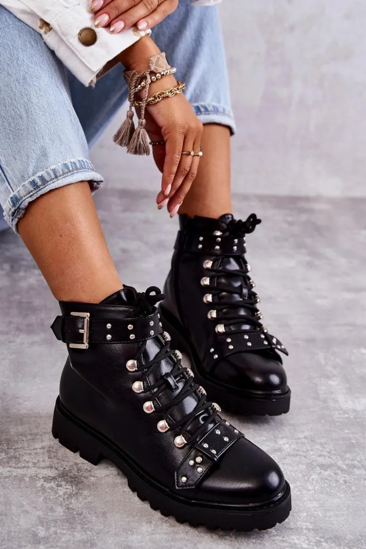 New Boto Skórzane Botki Z Ozdobnym Paskiem Czarne Sabine