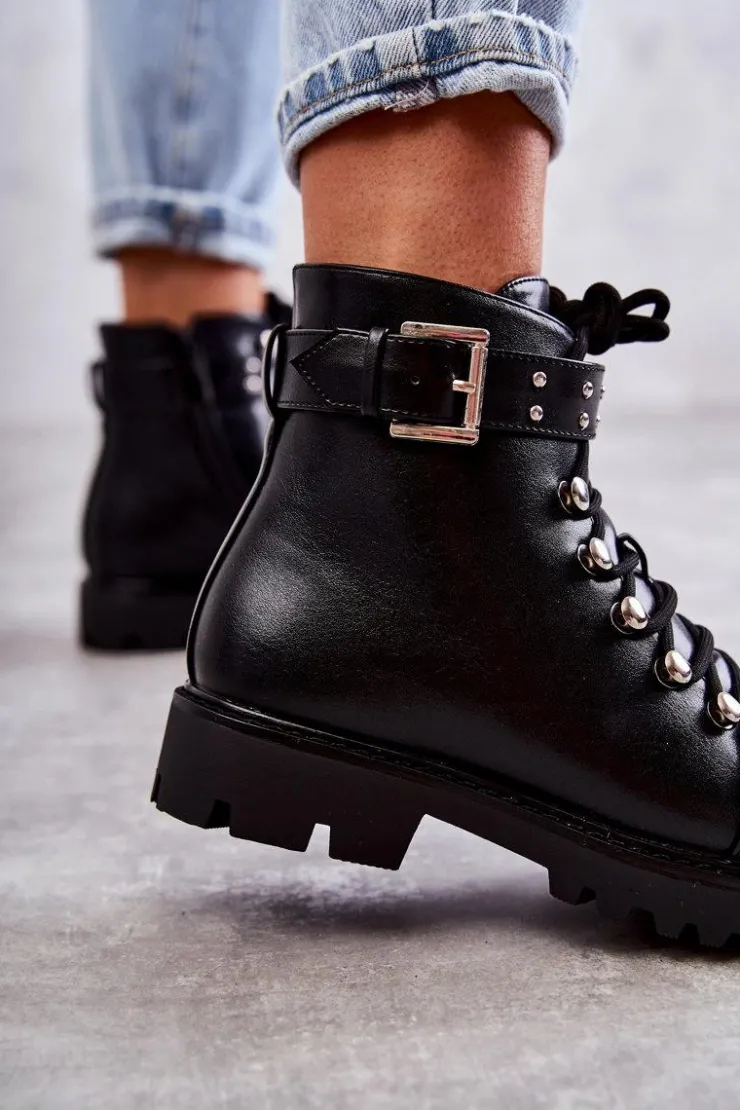 New Boto Skórzane Botki Z Ozdobnym Paskiem Czarne Sabine