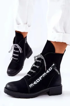 Damskie Boto Skórzane Botki Z Ozdobnym Suwakiem Czarne Lomissa