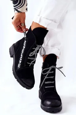 Damskie Boto Skórzane Botki Z Ozdobnym Suwakiem Czarne Lomissa