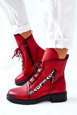 Discount Boto Skórzane Botki Z Ozdobnym Suwakiem Czerwone Lomissa