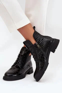 Best Buty damskie Vinceza Skórzane Botki Z Ozdobnym Tłoczeniem Ocieplane Vinceza 66815 Czarne