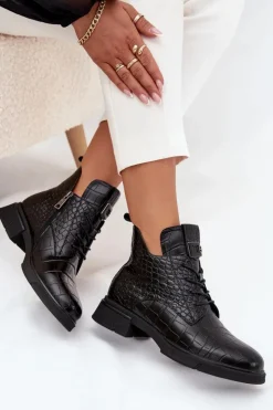 Best Buty damskie Vinceza Skórzane Botki Z Ozdobnym Tłoczeniem Ocieplane Vinceza 66815 Czarne