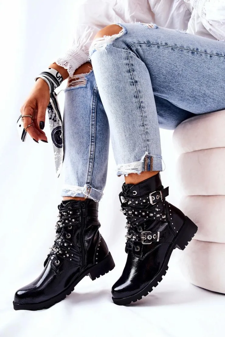 Boto Czarne Botki|Botki Zimowe Damskie*Skórzane Botki Z Paskami Czarne Kepherine