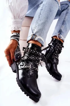 Boto Czarne Botki|Botki Zimowe Damskie*Skórzane Botki Z Paskami Czarne Kepherine