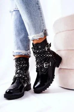 Boto Czarne Botki|Botki Zimowe Damskie*Skórzane Botki Z Paskami Czarne Kepherine