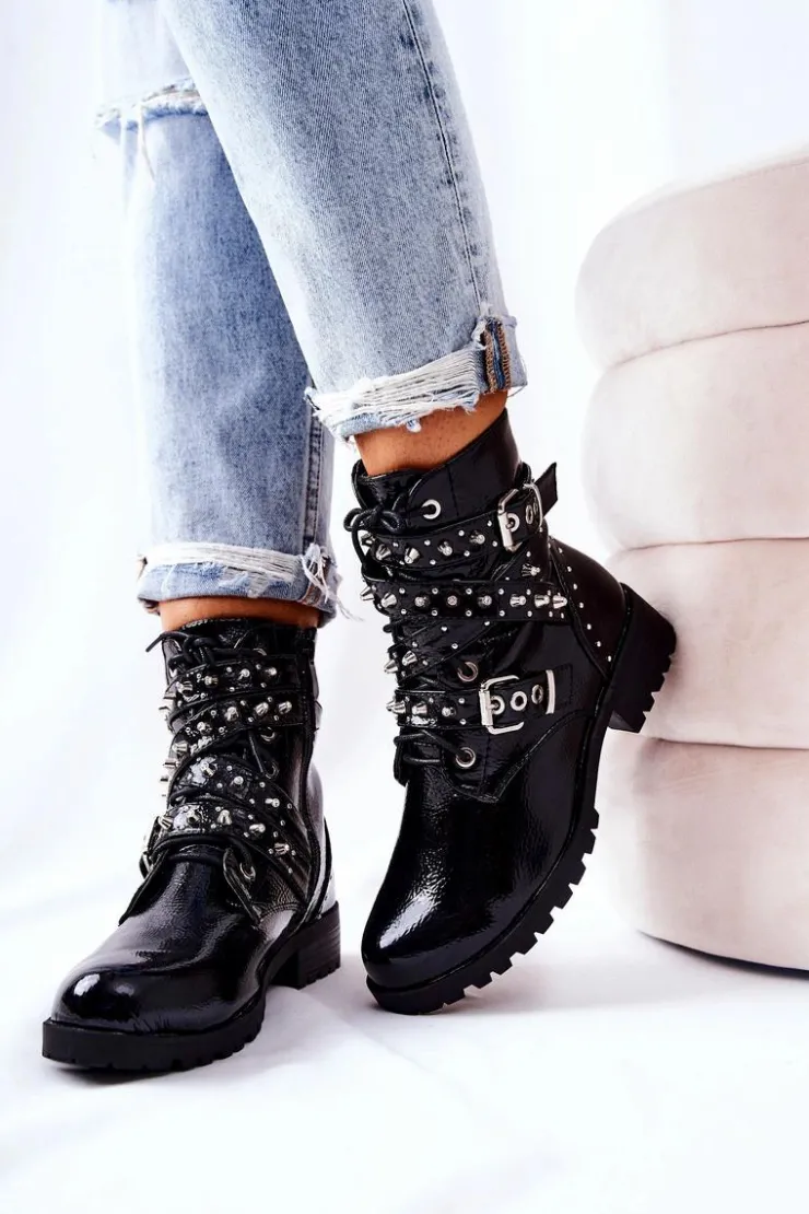 Boto Czarne Botki|Botki Zimowe Damskie*Skórzane Botki Z Paskami Czarne Kepherine