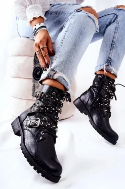 Damskie Boto Skórzane Botki Z Paskami Zwierzęcy Wzór Czarne Kepherine