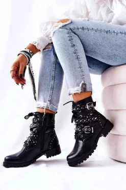 Damskie Boto Skórzane Botki Z Paskami Zwierzęcy Wzór Czarne Kepherine