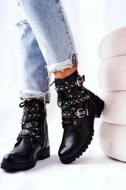 Damskie Boto Skórzane Botki Z Paskami Zwierzęcy Wzór Czarne Kepherine