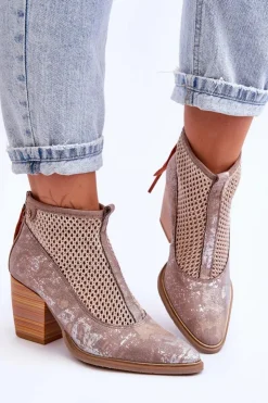 Damskie Maciejka Skórzane Botki Z Siateczką 05842-04 Beżowe
