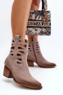 Best Maciejka Skórzane Botki Z Wycięciami 06412-04 Beżowe Beżowy