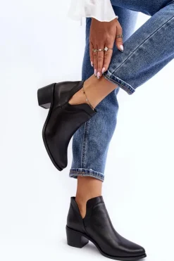 Sale Boto Skórzane Botki Z Wycięciami Na Obcasie Czarne Dalros