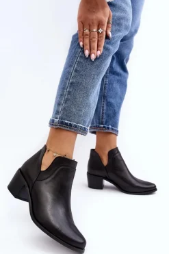 Sale Boto Skórzane Botki Z Wycięciami Na Obcasie Czarne Dalros