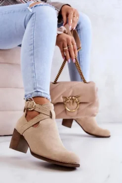 Boto Botki Wiosenne|Botki Na Słupku*Skórzane Botki Z Wycięciem Na Słupku Beżowe Lemar Axelle
