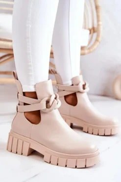 Damskie Boto Skórzane Botki Z Wycięciem Beżowe Karen