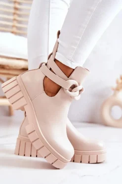 Damskie Boto Skórzane Botki Z Wycięciem Beżowe Karen