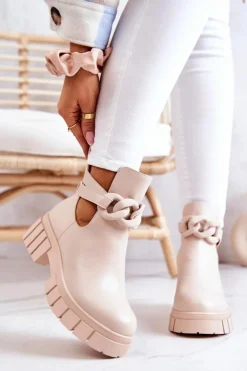 Damskie Boto Skórzane Botki Z Wycięciem Beżowe Karen