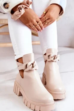 Damskie Boto Skórzane Botki Z Wycięciem Beżowe Karen