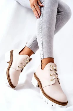 Boto Brązowe I Beżowe Botki|Botki Płaskie*Skórzane Botki Z Wycięciem Wiązane Beżowe Kaxo