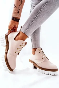 Boto Brązowe I Beżowe Botki|Botki Płaskie*Skórzane Botki Z Wycięciem Wiązane Beżowe Kaxo