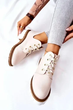 Boto Brązowe I Beżowe Botki|Botki Płaskie*Skórzane Botki Z Wycięciem Wiązane Beżowe Kaxo