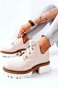 Boto Brązowe I Beżowe Botki|Botki Płaskie*Skórzane Botki Z Wycięciem Wiązane Beżowe Kaxo