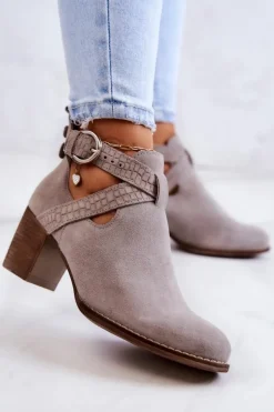 Clearance Boto Skórzane Botki Z Wycięciem Na Słupku Szare Axelle