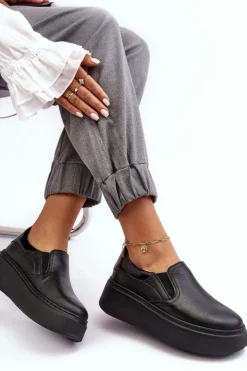 Damskie Boto Skórzane Buty Sportowe Damskie na Platformie Czarne Lemar Manish