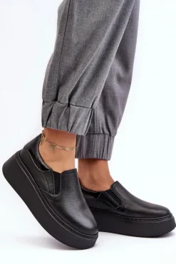 Damskie Boto Skórzane Buty Sportowe Damskie na Platformie Czarne Lemar Manish