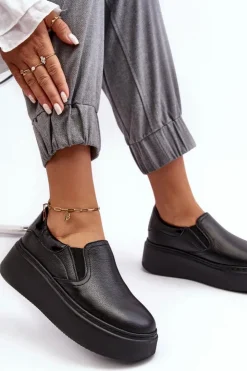 Damskie Boto Skórzane Buty Sportowe Damskie na Platformie Czarne Lemar Manish