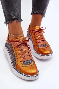 Maciejka Buty Sportowe Na Platformie*Skórzane Buty Sportowe Damskie 06327-18 Pomarańczowe