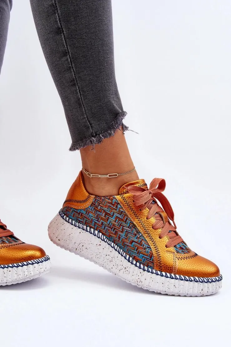 Maciejka Buty Sportowe Na Platformie*Skórzane Buty Sportowe Damskie 06327-18 Pomarańczowe