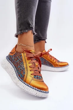 Maciejka Buty Sportowe Na Platformie*Skórzane Buty Sportowe Damskie 06327-18 Pomarańczowe