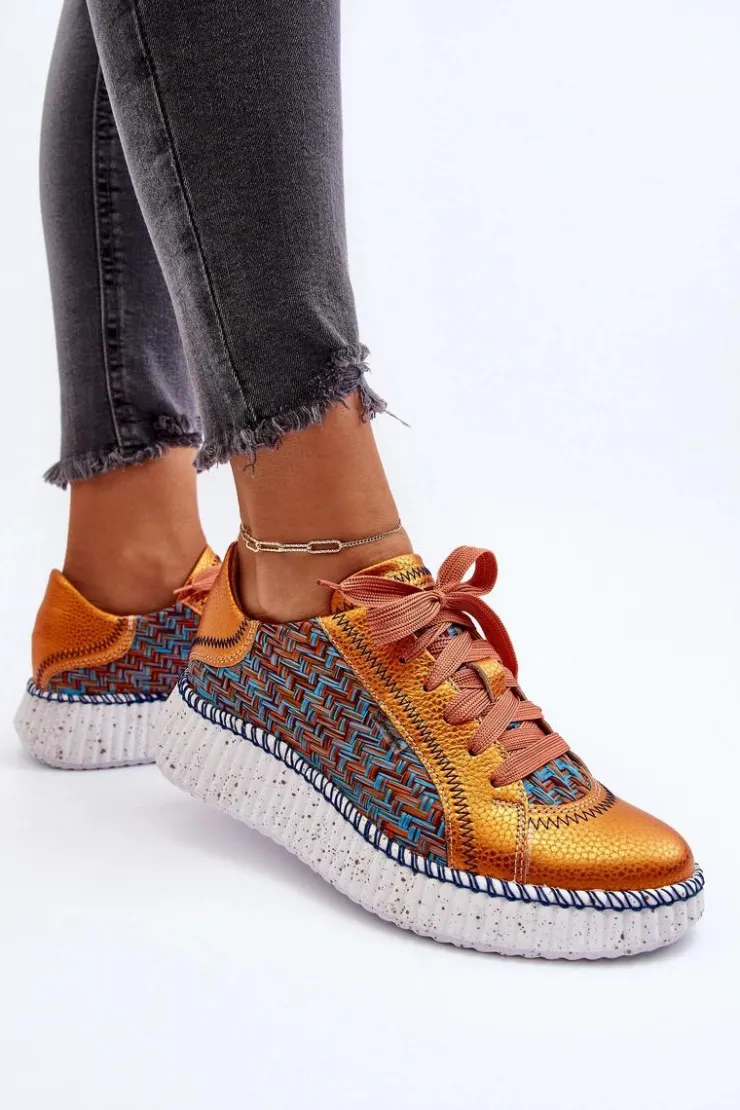 Maciejka Buty Sportowe Na Platformie*Skórzane Buty Sportowe Damskie 06327-18 Pomarańczowe