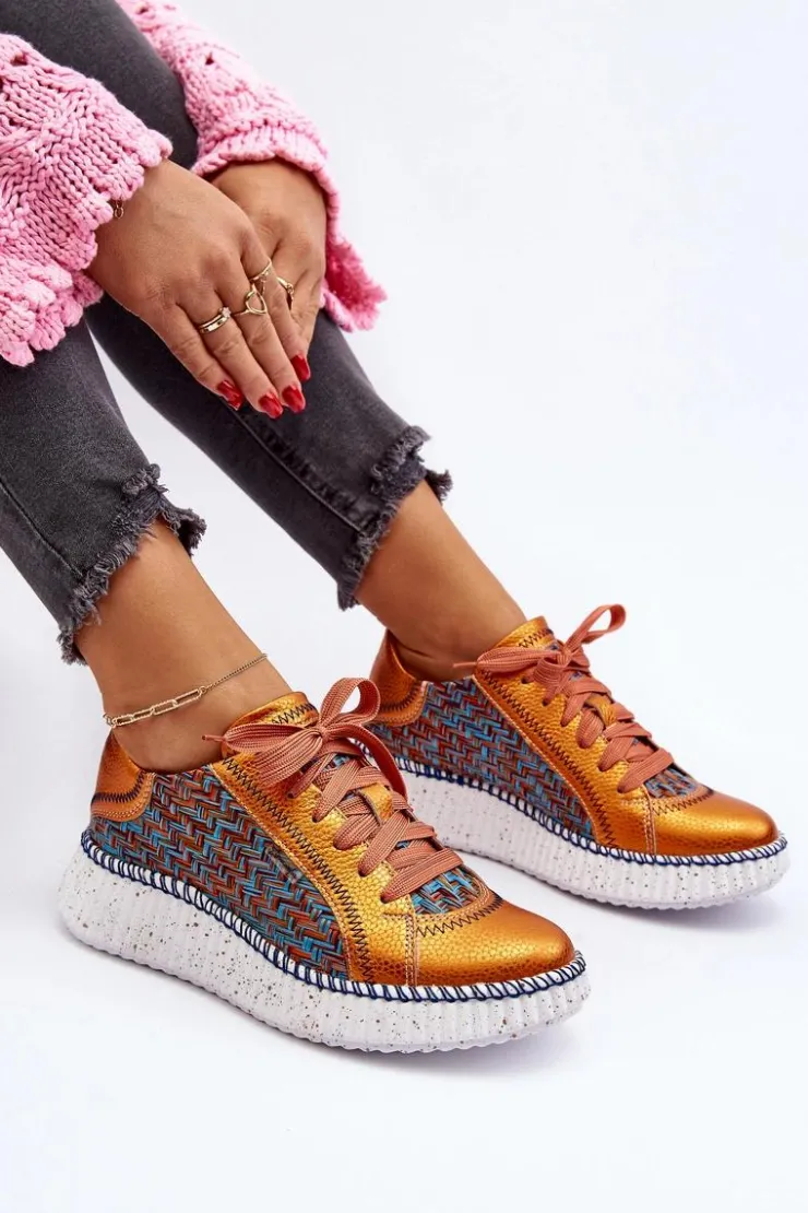 Maciejka Buty Sportowe Na Platformie*Skórzane Buty Sportowe Damskie 06327-18 Pomarańczowe