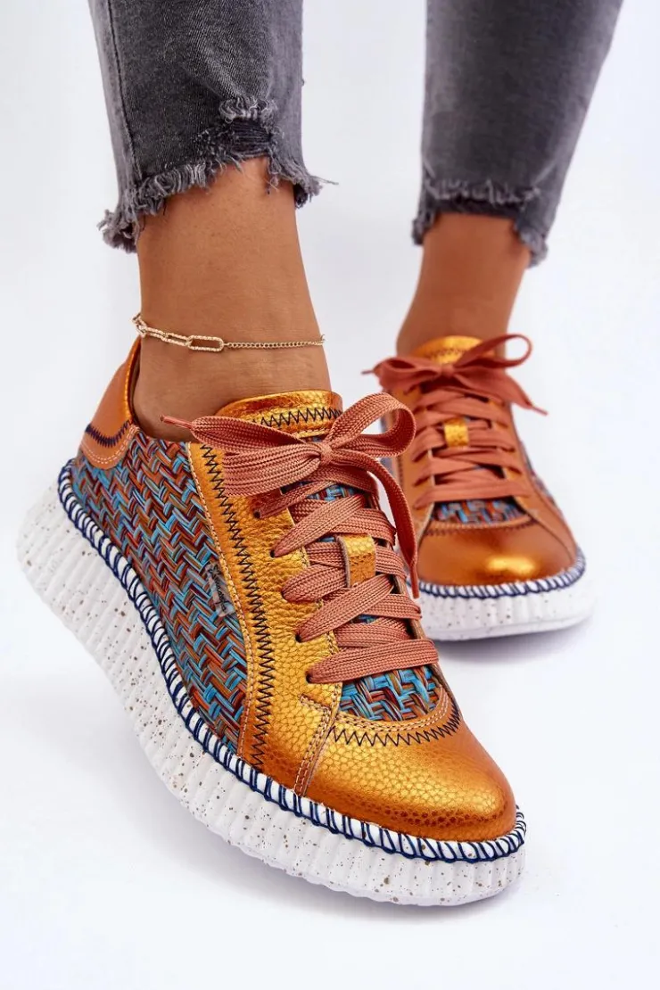 Maciejka Buty Sportowe Na Platformie*Skórzane Buty Sportowe Damskie 06327-18 Pomarańczowe
