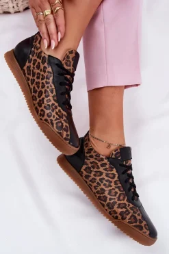 Laura Messi Sneakersy Damskie*Skórzane Buty Sportowe Damskie W Panterkę 2935 Brązowe Brązowy