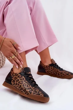 Laura Messi Sneakersy Damskie*Skórzane Buty Sportowe Damskie W Panterkę 2935 Brązowe Brązowy