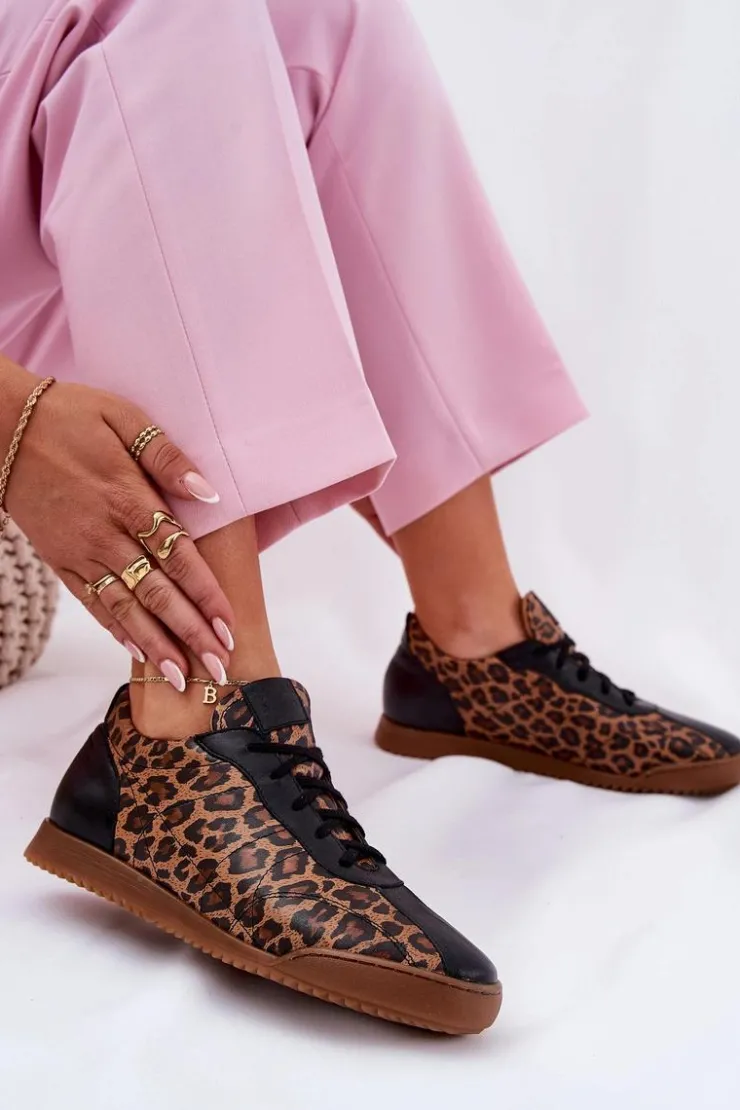 Laura Messi Sneakersy Damskie*Skórzane Buty Sportowe Damskie W Panterkę 2935 Brązowe Brązowy