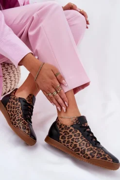 Laura Messi Sneakersy Damskie*Skórzane Buty Sportowe Damskie W Panterkę 2935 Brązowe Brązowy